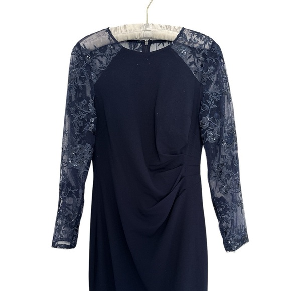 NEW ELIZA J Sequin Embroidered Long Illusion Sleeve Gown in Navy Blue Size 8 - Picture 8 of 10